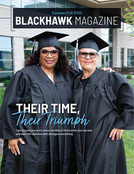 Blackhawk Magazine cover with graduates in regalia outside of campus